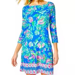Lilly‎ Pulitzer Sophie Boat Neck Gold Button Dress Blue Flare Fancy Fins Print
